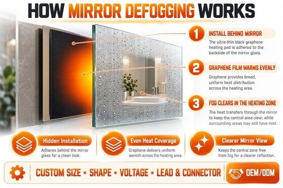 Graphene Mirror Defogger Pad sưởi ấm, hình dạng tùy chỉnh kích thước điện áp, chống ẩm phim linh hoạt cho gương phòng tắm
