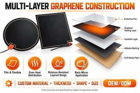 Graphene Mirror Defogger Pad sưởi ấm, hình dạng tùy chỉnh kích thước điện áp, chống ẩm phim linh hoạt cho gương phòng tắm