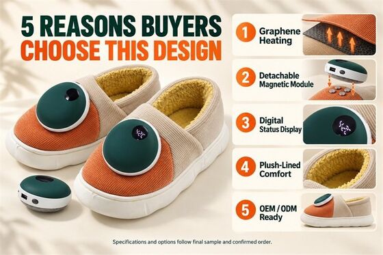 Dép đi trong nhà có nam châm tháo rời, Module sưởi Graphene có màn hình kỹ thuật số, Nhãn vật liệu và bao bì tùy chỉnh màu sắc