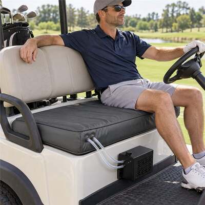 Vỏ bọc ghế xe golf 24V hai chế độ, làm mát bằng nước và sưởi ấm bằng graphene, vỏ bọc ghế băng chống nước có dây đeo khóa và hộp làm mát ngoài, kích thước màu logo và bao bì tùy chỉnh