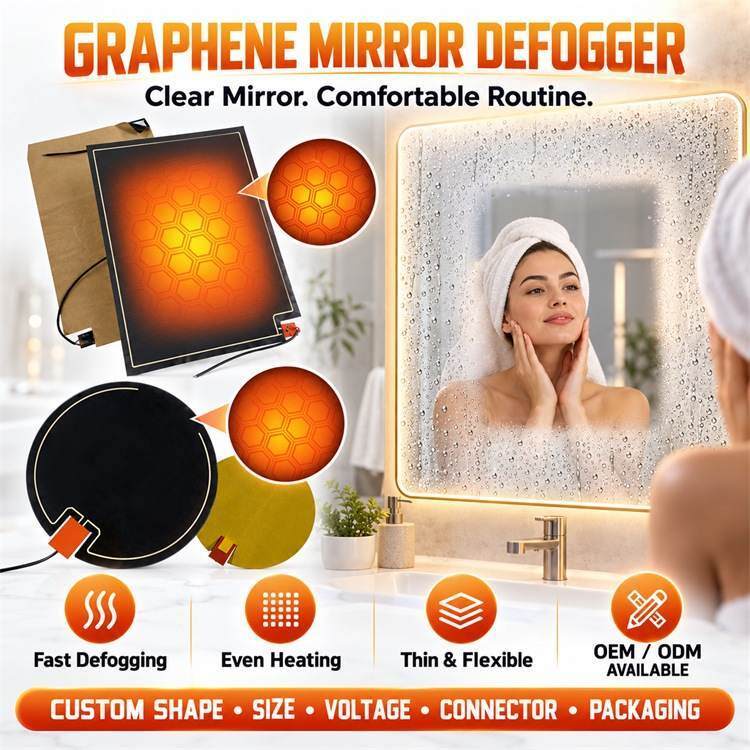 Graphene Mirror Defogger Pad sưởi ấm, hình dạng tùy chỉnh kích thước điện áp, chống ẩm phim linh hoạt cho gương phòng tắm
