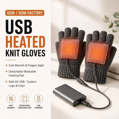 Găng tay đan USB có sưởi, găng tay mùa đông không ngón 5V với miếng đệm sưởi Velcro có thể tháo rời, giữ ấm liên tục 40-50C, bảo vệ quá nhiệt, CE FCC RoHS, Logo màu tùy chỉnh và bao bì