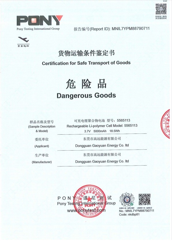 Trung Quốc Dongguan Gaoyuan Energy Co., Ltd Chứng chỉ